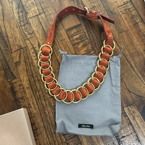 Miu Miu LEATHER Necklacegold tone rings adjustable terra-cotta Bigiottera NWT - Picture 15 of 17